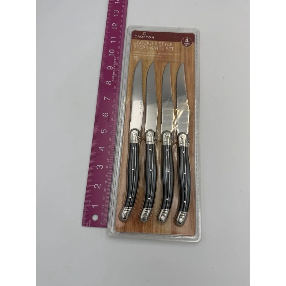 Crofton Laguiole Style Steak Knife Set 4 Pc Stainless Steel Black Handle New